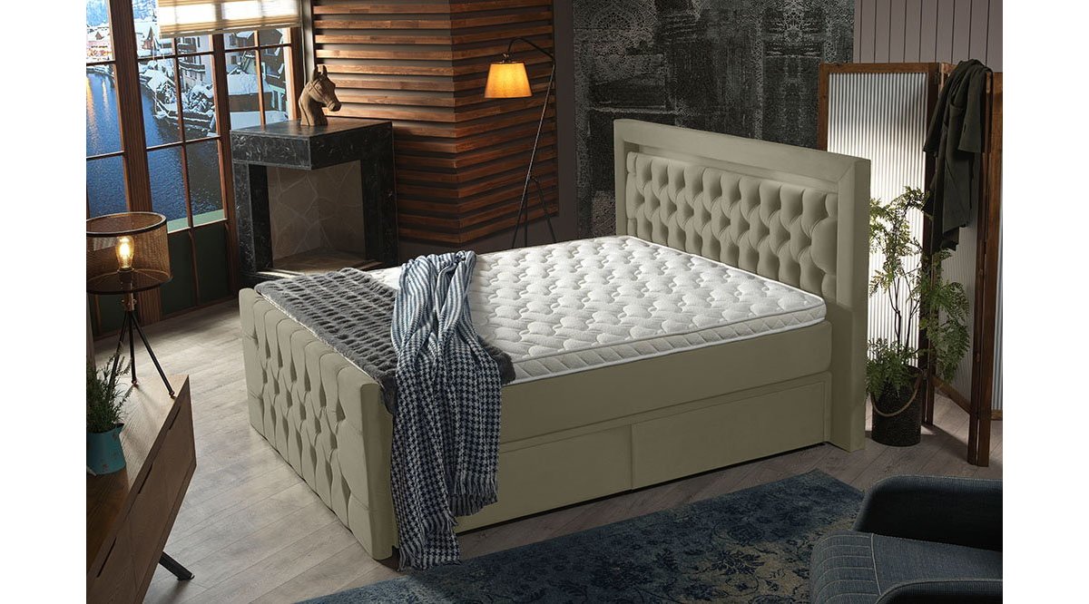 REİNA KOYU BEJ BOLLYWOOD BAZA BAŞLIK YATAK SET 180X200 FİYATI Vivense