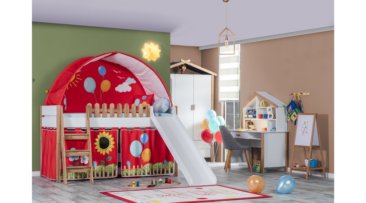 MY HOUSE MONTESSORİ KIRMIZI KUMAŞLI YAY ÇATILI KAYKAYLI OYUN EVİ FİYATI