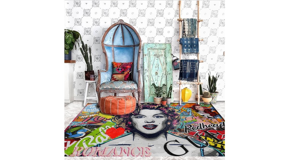 JUNGLE HALI DEKORATİF MARİLYN MONROE KOLAJ DESENLİ SANATSAL HALI