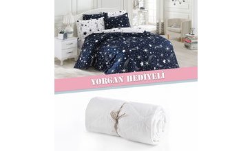 YORGAN HEDİYELİ NEVRESİM SETİ ÇİFT KİŞİLİK HALLEY LACİVERT
