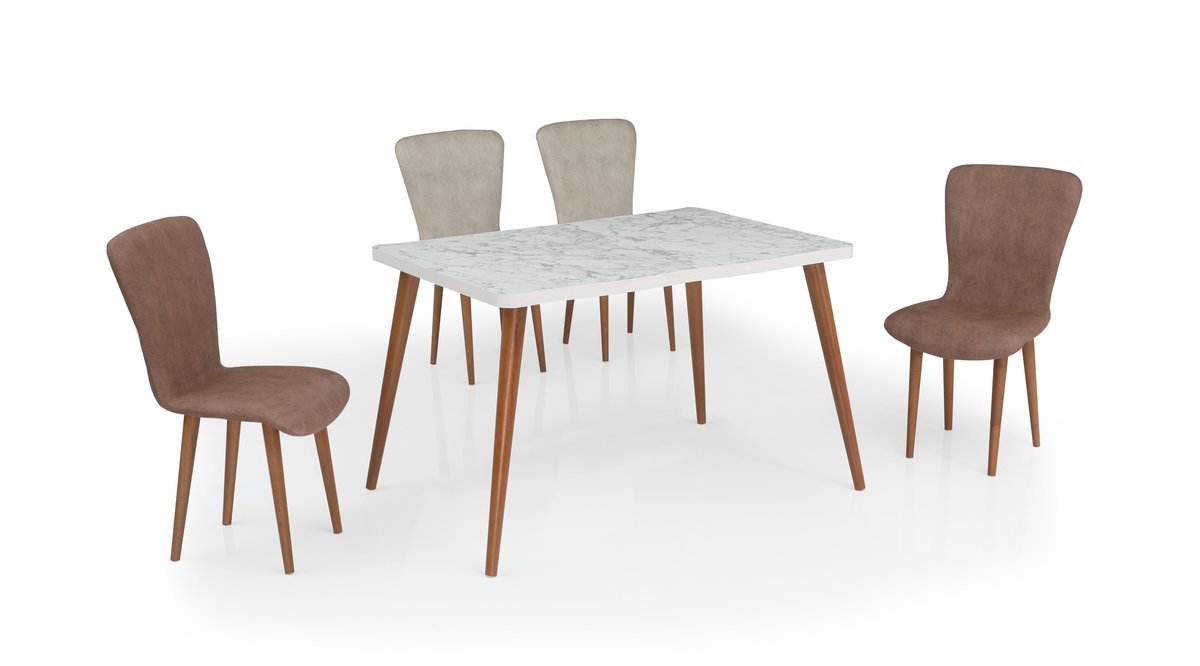 NEHIR 4 KIŞILIK MUTFAK MASA SANDALYE TAKIMI BEYAZ MERMER KAHVEKREM