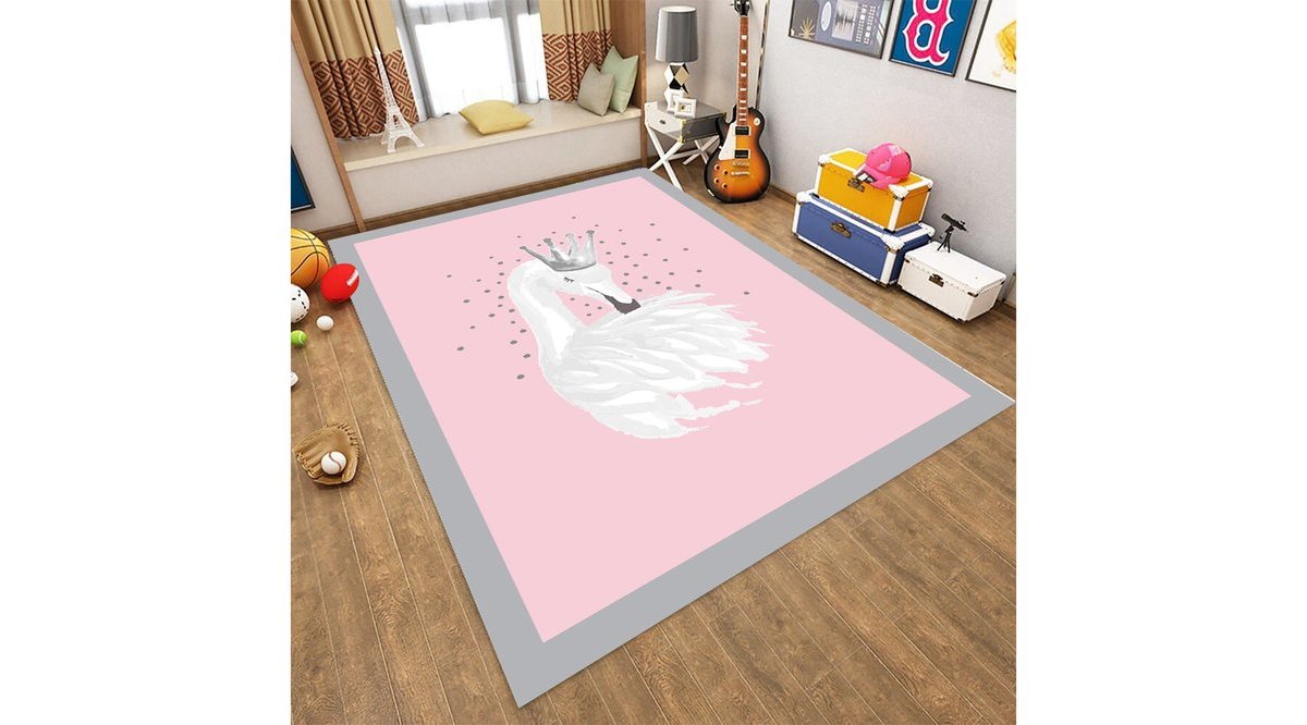 JUNGLE HALI KUĞU DESENLİ PEMBE ZEMİN KIZ ÇOCUK ODASI HALISI FİYATI
