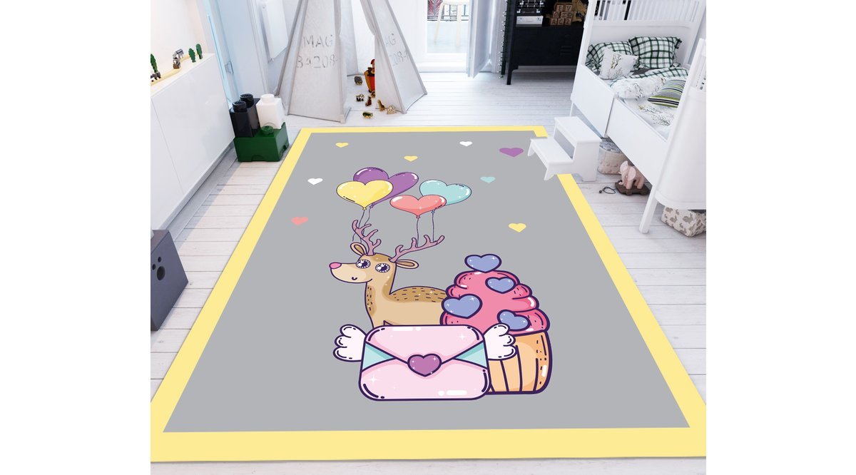 JUNGLE HALI DEKORATİF FİGÜRLÜ GRİ ZEMİN KIZ ÇOCUK ODASI HALISI 150X230