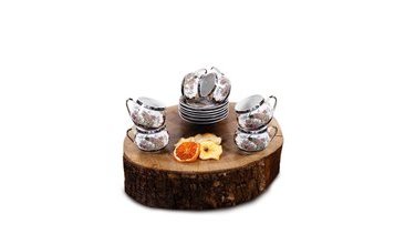 QEDİ PORSELEN 6'LI KAHVE FİNCANI TAVUS KUŞLU SİYAH GÜLLÜ