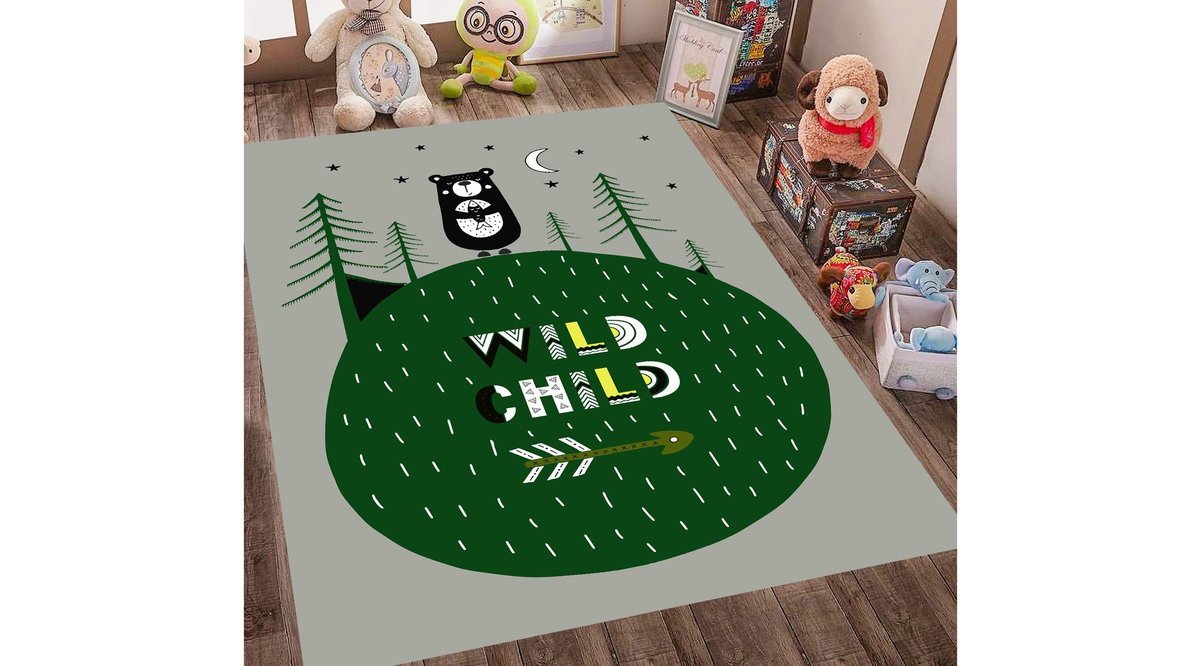 JUNGLE HALI İSKANDİNAV WHILD CHILD YEŞİL BEAR ÇOCUK ODASI HALISI FİYATI