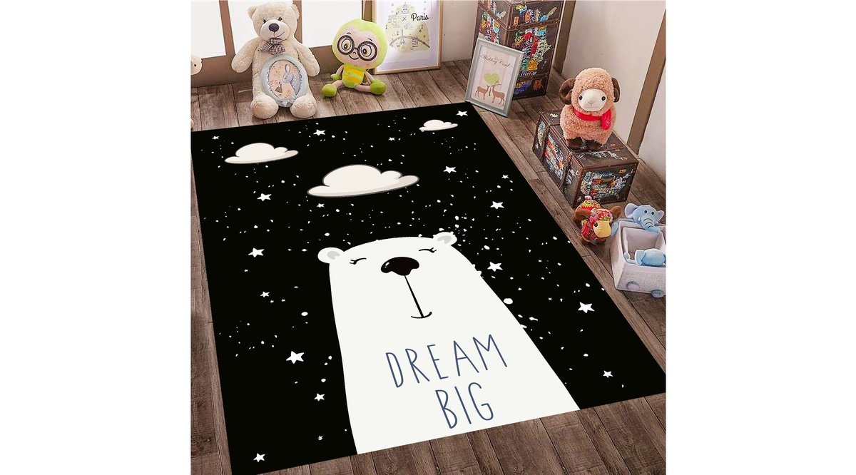 JUNGLE HALI İSKANDİNAV BEAR SİYAH YILDIZ ÇOCUK ODASI OYUN HALISI 80X150