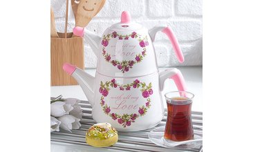 LOVE SİLİKON SAPLI PORSELEN ÇAYDANLIK SETİ PEMBE