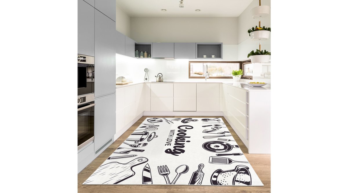 AYLEM HOME COOKİNG BEYAZ SİYAH MUTFAK HALISI/KAYMAZ TABAN HALI 80X150