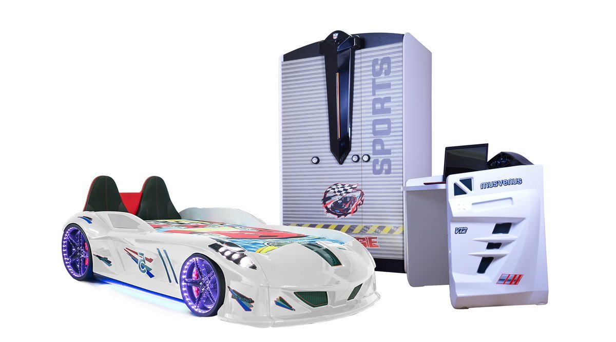 JAGUAR BEYAZ FULL LEDLİ KOLTUKLU ARABALI YATAK TAKIMI 2