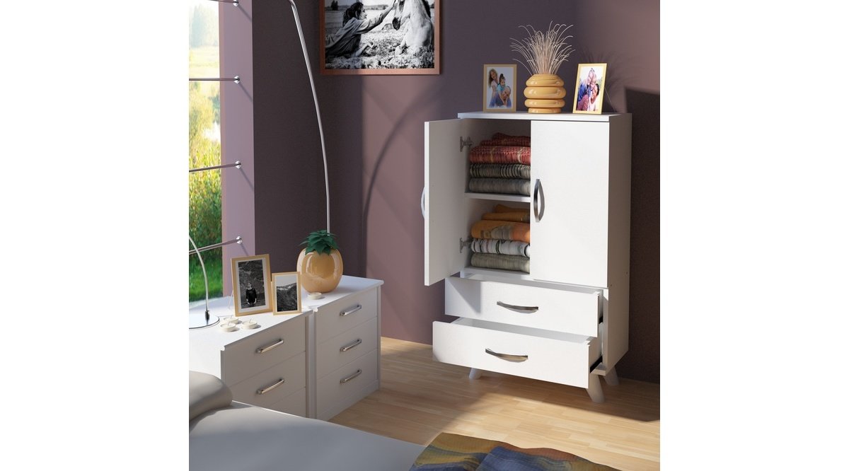 NORA KISA 2 KAPAK 2 ÇEKMECE YATAK ODASI DOLABI BEYAZ