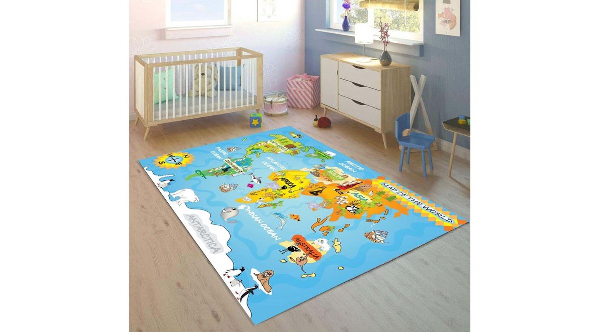 EĞİTİCİ HARİTA 3D BASKILI DESENLİ ÇOCUK BEBEK ODASI HALISI