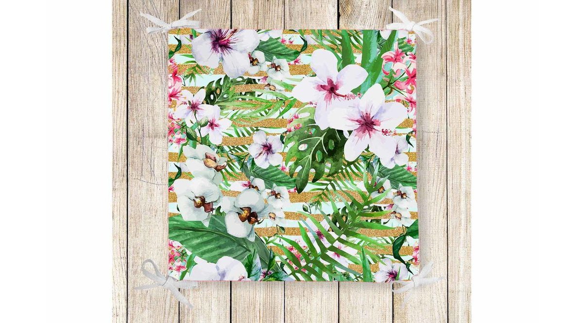 ELSE TROPİKAL BEYAZ ÇİÇEK FERMUARLI SÜNGERLİ KARE SANDALYE