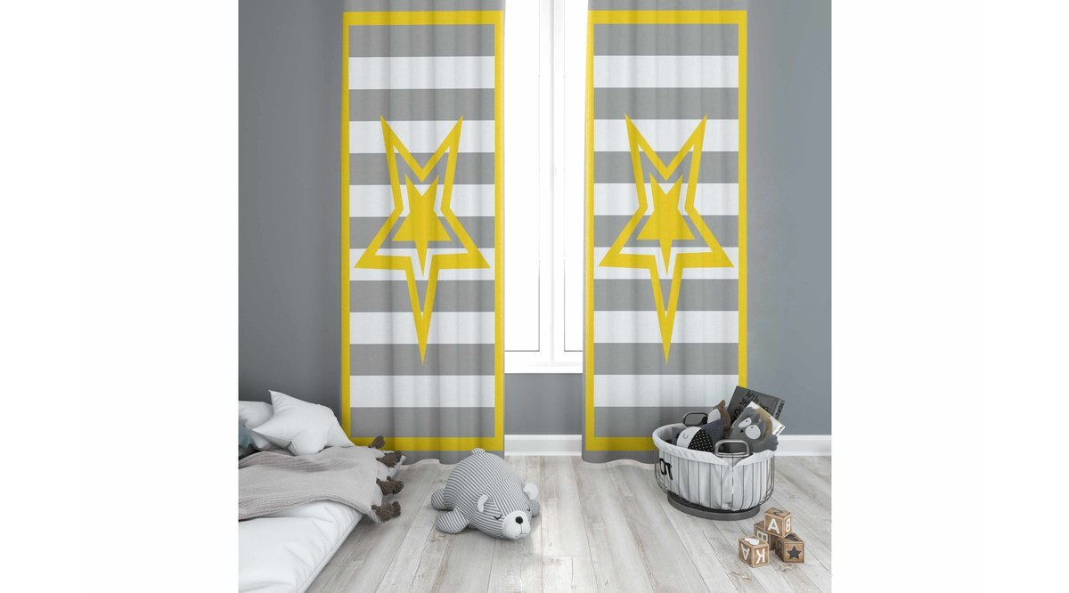 ELSE GRİ ÇİZGİ SARI YILDIZLAR 3D MODERN ÇOCUK ODASI FON PERDE FİYATI