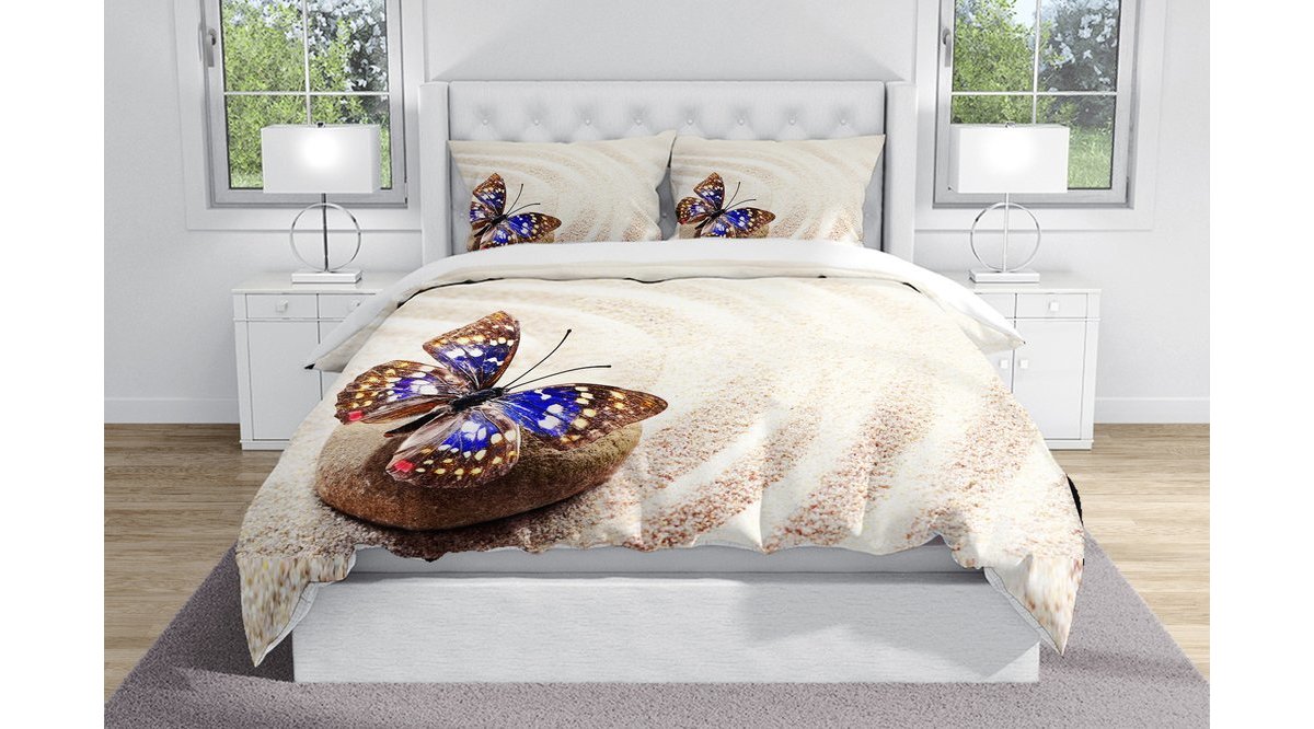 ELSE SARI KUMLU MAVİ KELEBEKLİ DESENLİ MODERN ÇİFT KİŞİLİK