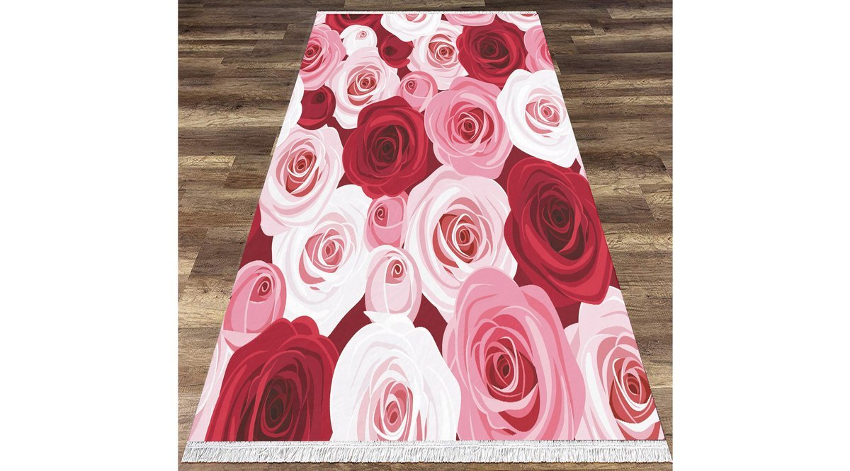 PEMBE BEYAZ GÜL DEKORATİF MODERN ŞÖNİL HALI FİYATI Vivense