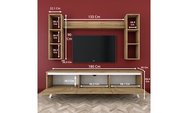 RANİ D1 DUVAR RAFLI KİTAPLIKLI TV ÜNİTESİ AHŞAP AYAKLI CEVİZ BEYAZ M5
