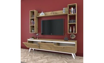 RANİ D1 DUVAR RAFLI KİTAPLIKLI TV ÜNİTESİ AHŞAP AYAKLI CEVİZ BEYAZ M5