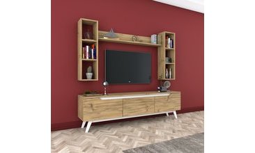 RANİ D1 DUVAR RAFLI KİTAPLIKLI TV ÜNİTESİ AHŞAP AYAKLI CEVİZ BEYAZ M5