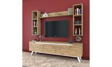RANİ D1 DUVAR RAFLI KİTAPLIKLI TV ÜNİTESİ AHŞAP AYAKLI CEVİZ BEYAZ M5