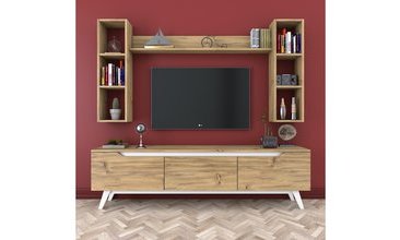 RANİ D1 DUVAR RAFLI KİTAPLIKLI TV ÜNİTESİ AHŞAP AYAKLI CEVİZ BEYAZ M5