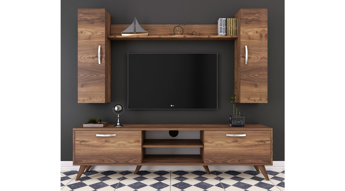 RANİ A9 DUVAR RAFLI KİTAPLIKLI TV ÜNİTESİ CEVİZ M2 FİYATI Vivense