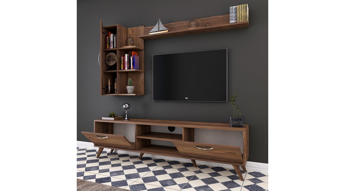 RANİ A9 DUVAR RAFLI KİTAPLIKLI TV ÜNİTESİ CEVİZ M36 FİYATI Vivense