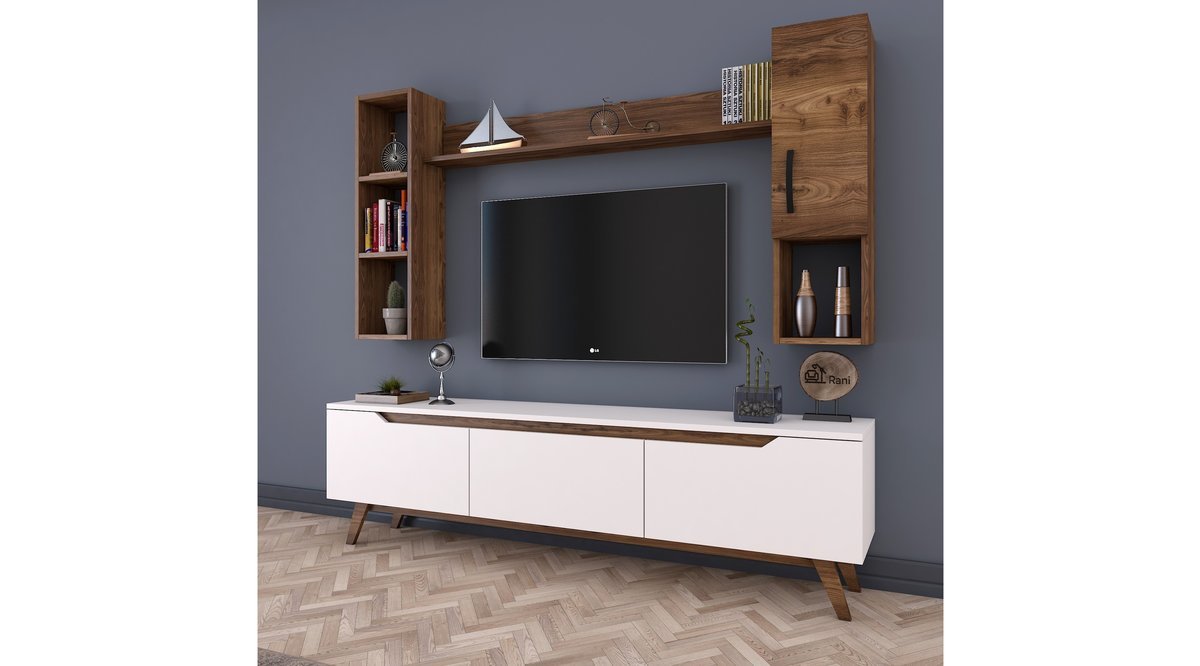 RANİ D1 DUVAR RAFLI KİTAPLIKLI TV ÜNİTESİ AHŞAP AYAKLI BEYAZ CEVİZ M12