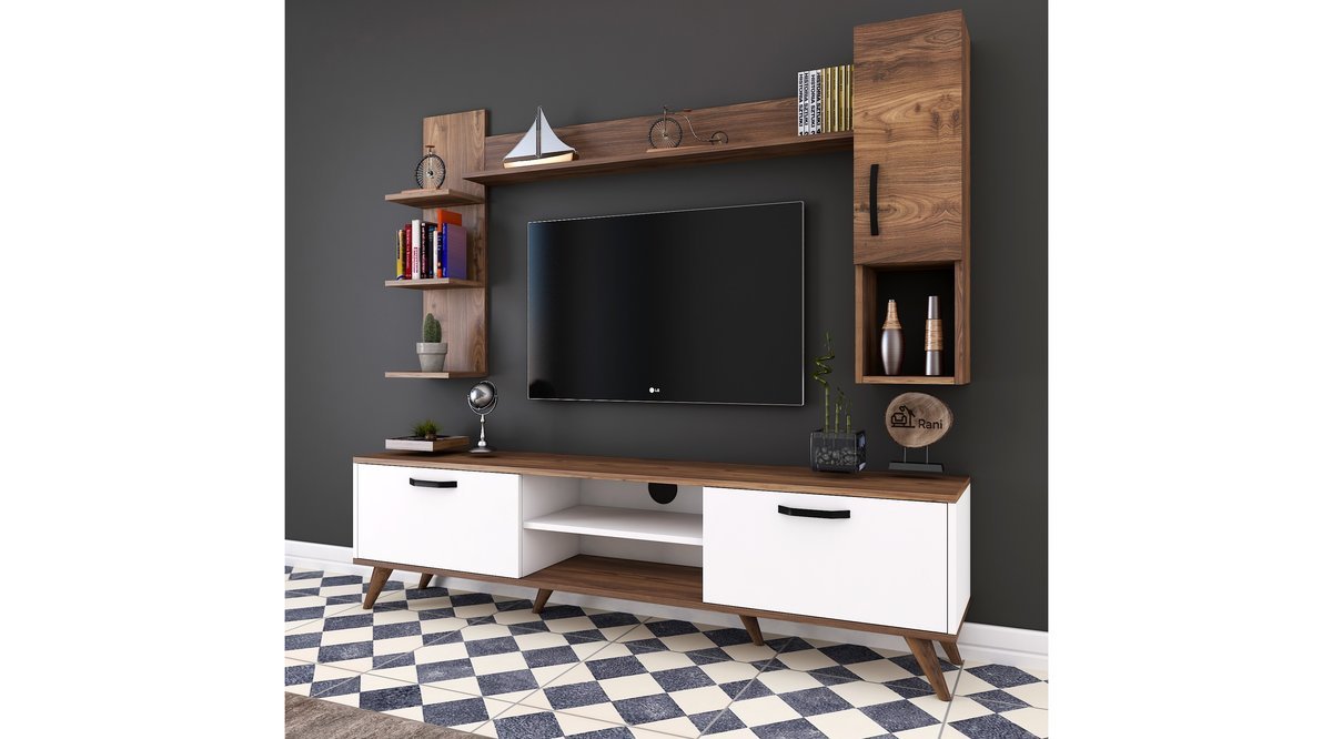 RANİ A5 DUVAR RAFLI KİTAPLIKLI TV ÜNİTESİ BEYAZ CEVİZ M25 FİYATI Vivense